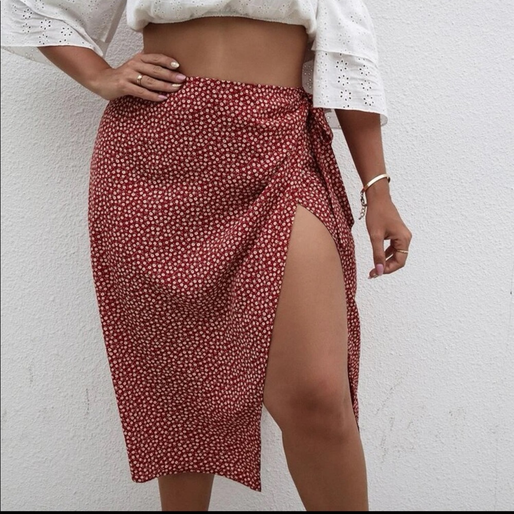 NWT red floral wrap skirt
